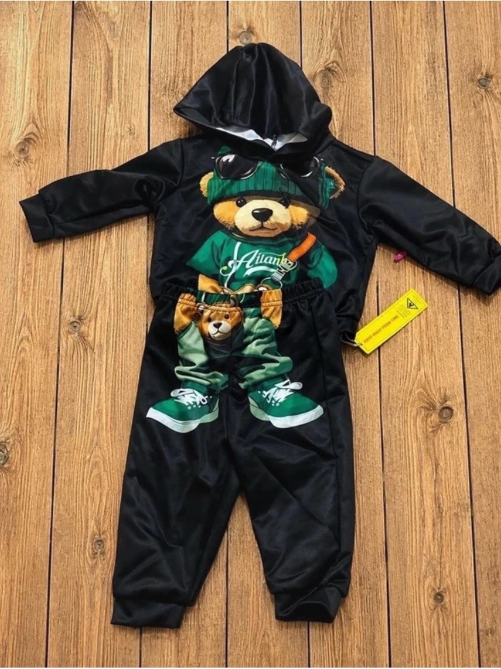 Kids Black & Green Teddy Hoodie Matching Set